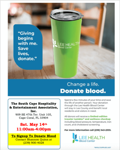 SCHEA to hold blood drive in the South Cape on May 14
